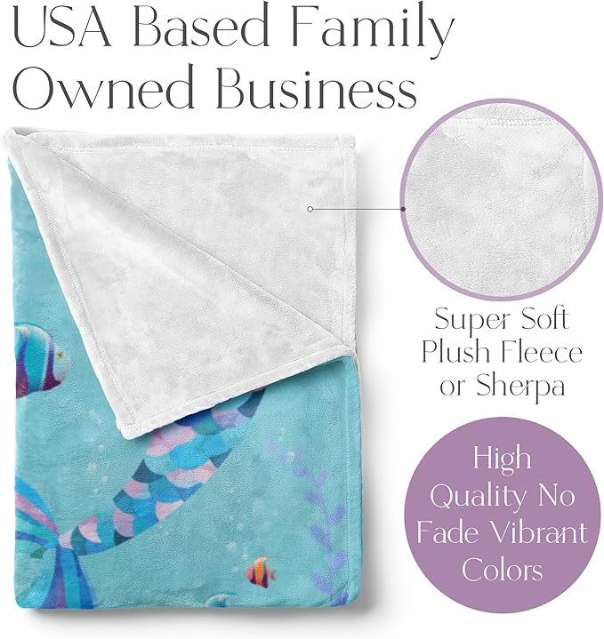 Personalized Mermaid Blanket for Girls | Kids Unicorn | Custom Plush Fuzzy Unicorns for Toddler | Customized Little Girl Throw Blankets | Baby Girl Sofa Bed Birthday (Fleece – 30x40)
