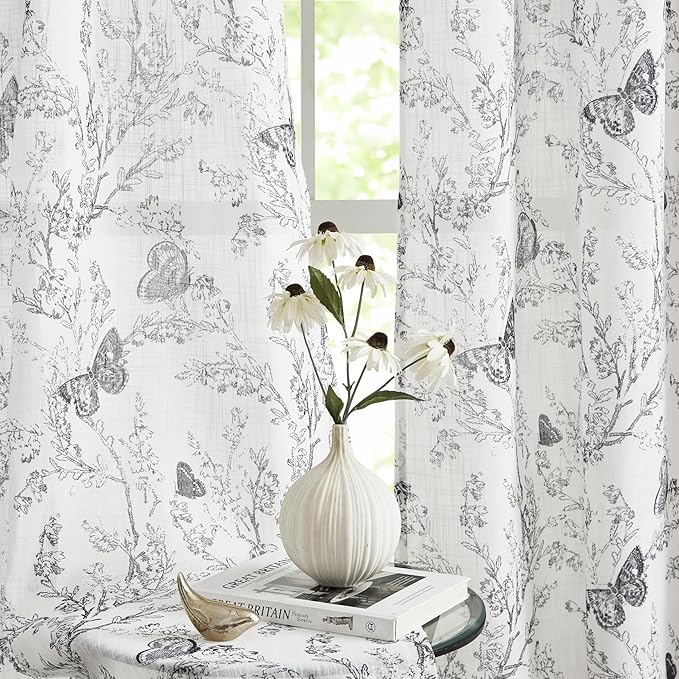 Jubilantex Butterfly Leaf Semi Sheer Curtains 95" L Curtain Panels for Kids Bedroom,Black Print on White Light Filtering Window Drapes,Grommet Top