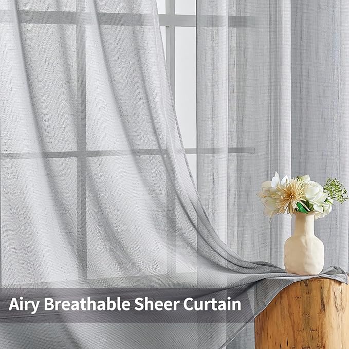 MIULEE 2 Panel Natural Linen Long Semi Sheer Window Curtains - Elegant Solid Light Grey Drapes with Grommet Top - Voile Panels, Linen Textured for Bedroom & Living Room (52X108 Inch)
