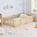 Spirich Twin Size Kids Floor Bed Frame with Fence and Door, Solid Wood Montessori Floor Bed for Kids with Safety Guardrails, Twin Bed Frame for Boys and Girls, Natural