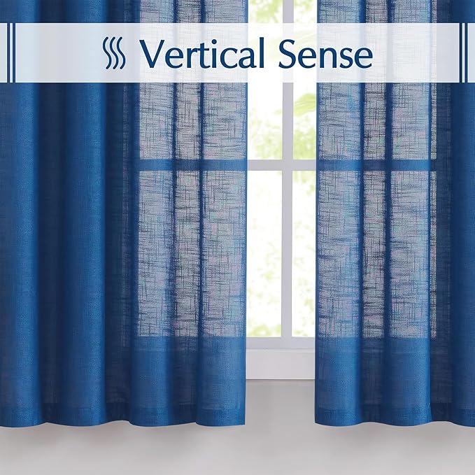 FMFUNCTEX Linen Semi Sheer Curtains for Bedroom, Navy Blue Curtains 96 Inches Long for Living Room, Country Farmhouse Sheer Drapes, Light Filtering Window Curtain, Grommet Top 2 Panels