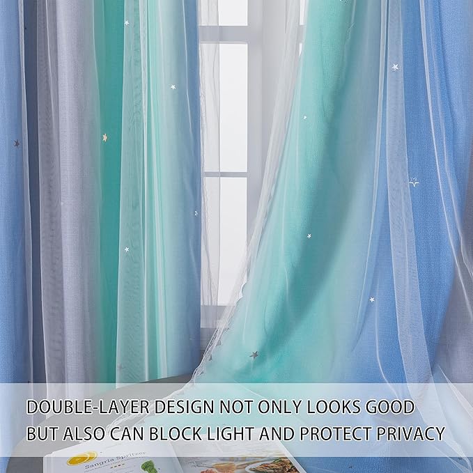 XiDi Blue Green Grey Curtains 96 Inches Long for Girls Bedroom 2 Panels Set, Blackout Rainbow Grommet Curtains for Kids Room Decor, Unicorn Wall Decals Drapes for Little Girl Nursery 34 Inches Wide
