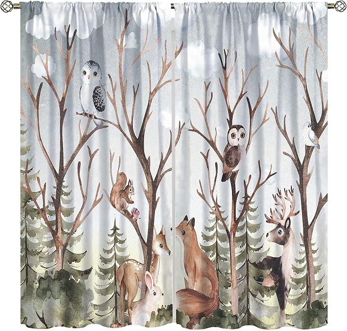 Forest Curtains, Cartoon Woodland Animals Tree Birds Moose Rabbit Mushroom Print Pattern Kids Bedroom Window Treatments Curtains 42x63in, Style-8