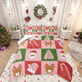 Feelyou Merry Christmas Bedding Set Soft for Boys Girls, Xmas Tree Santa Claus Comforter Set King Size Candy Cane Deer Duvet Quilt Microfiber Patchwork Bedroom Decor 3 Pcs with 2 Pillow Cases