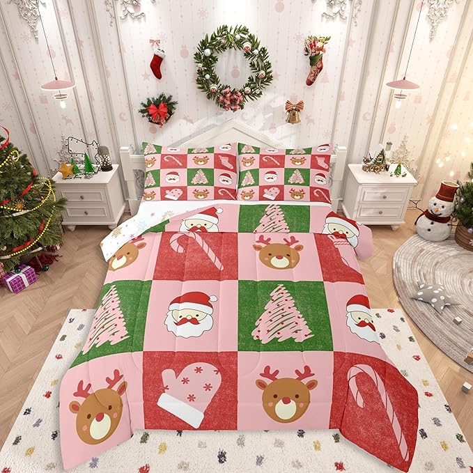 Feelyou Merry Christmas Bedding Set Soft for Boys Girls, Xmas Tree Santa Claus Comforter Set King Size Candy Cane Deer Duvet Quilt Microfiber Patchwork Bedroom Decor 3 Pcs with 2 Pillow Cases