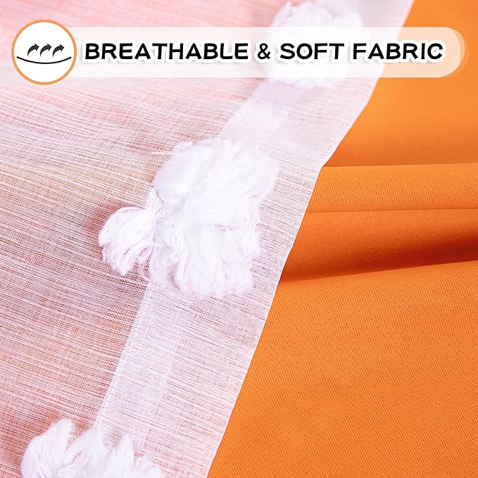 MYSKY HOME Orange Curtains for Bedroom 54 Inch Long Double Layer Curtains for Kids Room Kithen White Pom Pom Sheer Nursery Curtains Grommet Room Darkening Small Window Curtains 2 Panels 52" x 54"