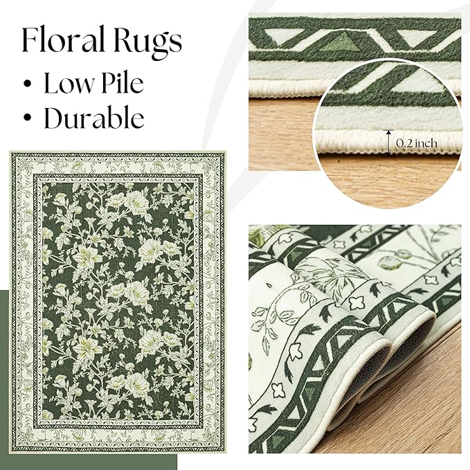 Olive Green Floral Print Area Rugs for Bedroom Living Room Boho Farmhouse Country Rustic Dining Room Carpet Soft Washable Rugs Non Slip Floor Covering for Nursery Playroom 3x8