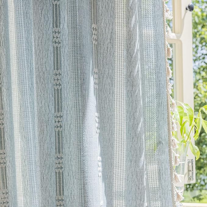 ENJOYBRIDAL Boho Curtains 84 Inch Length 2 Panels Semi Sheer Blue Grey Drapes Embroidered Tassel Rod Pocket Hollow Out Window Curtain Panels Farmhouse Window Treatment for Bedroom Living Room