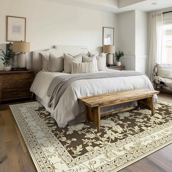 Brown Floral Print Area Rugs for Bedroom Living Room Boho Farmhouse Country Rustic Dining Room Carpet Soft Washable Rugs Non Slip Floor Covering for Nursery Playroom 5x8