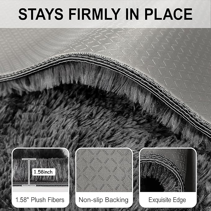 2x8 ft Plush High Pile Black Tie-Dyed Rug Fluffy Soft Runner Bedside Rug for Bedroom Living Room Hallway Nursery Kids Home Decor Shag Carpet