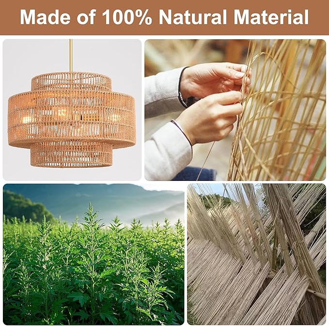 17.7”Boho Rattan Chandelier for Dining Room, 4-Light Hand Woven Pendant Light Fixture Farmhouse Rustic Ceiling Hanging for Kitchen Island Bedroom Living Room Nursery Foyer