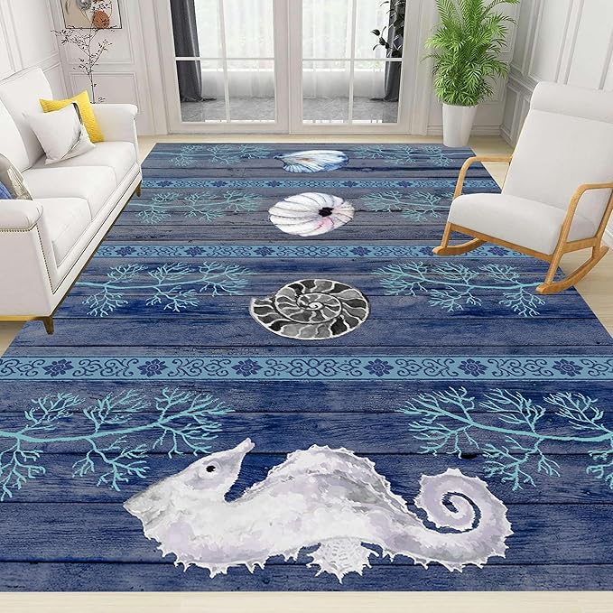Nautical Living Room Rug, 5x7ft, Ocean Theme Conch Shell Seahorse Indoor Rugs, Beach Waterweed Kitchen Decor Mats, Durable Shed Resistant Cozy Easy Clean Carpet for Bedroom Family