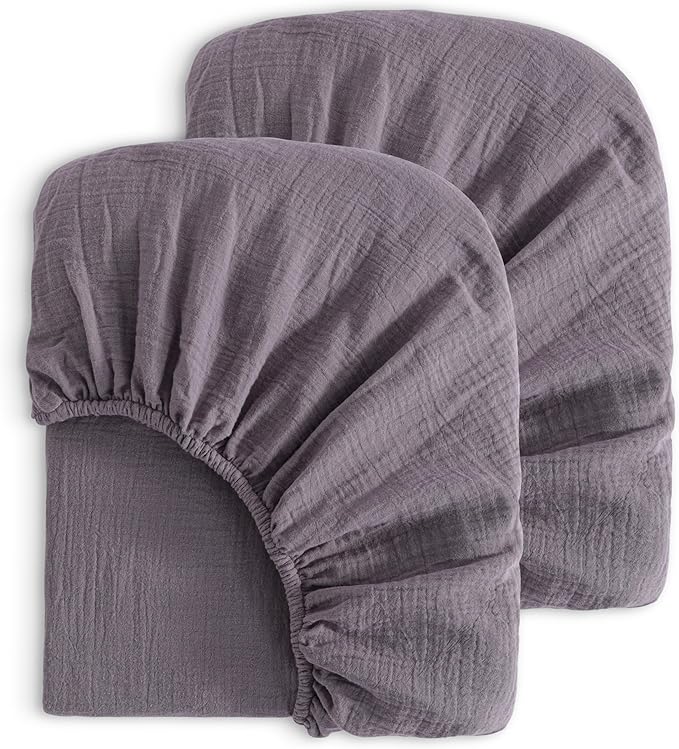 NTBAY 2 Pack Muslin Cotton Mini Crib Sheets, Soft and Breathable Double Layer 24x38 Baby Crib Sheets for Mini Crib and Toddler Mattresses, Boys, Girls, Unisex, Greyish Purple, 24x38 Inches