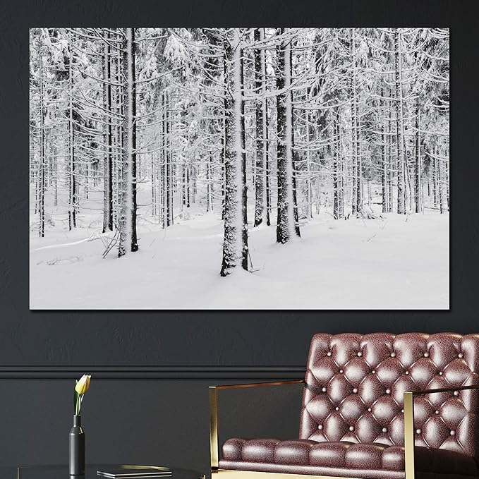 SIGNWIN Canvas Wall Art Winter Snow Covered Birch Trees on The Hillside Nature Forest Modern Art Traditional Scenic Dramatic Black and White for Living Room, Bedroom, Office - 32x48 inches