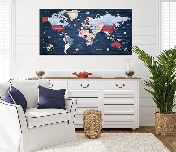 ZHAOSHOP Blue World Map Wall-Art For Office - Large World Maps For Wall - Canvas Wall Art Stretched and Framed Ready to Hang Size 40" x 20"