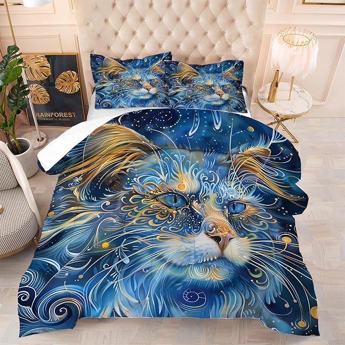 Cat Comforter Set Queen: Blue Maine Coon Bedding Set Mysterious Exotic Kitten Quilts for Women Men Tween Adults Ethnic Pet Bed Set 3 Piece with 1 Comforter & 2 Pillowcases