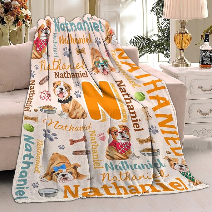 Personalized Custom Bulldog Blanket Gifts for Kids Boys Girls with Name - Customized Bulldog Super Soft Lightweight Flannel Sheets Decor for Crib Nap Couch - 90"x120" for Whole Family