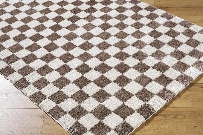 Hauteloom Canika Modern Checkered High Pile Runner Rug - Contemporary Geometric Carpet for Hallway, Kitchen - Machine Washable Area Rug - Peach, Dark Brown - 2'7" x 7'3"
