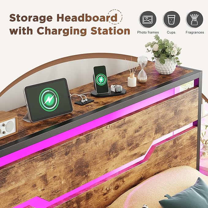 Full Size Bed Frame with LED Lights & Charging Station, Bed Frame Full with Headboard,13" Under Bed Storage, Noise-Free Heavy Duty Metal Support, Modern Brown