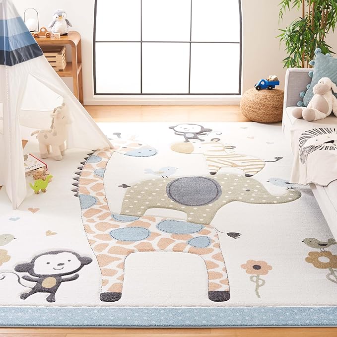 SAFAVIEH Carousel Kids Collection Area Rug - 9' x 12', Ivory, Animal Design, Non-Shedding & Easy Care, Ideal for High Traffic Areas for Boys & Girls in Playroom, Nursery, Bedroom (CRK120A)