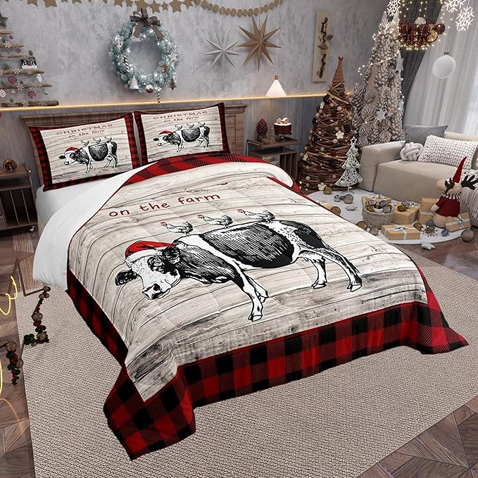 Castle Fairy Vintage Wooden Plank Red Grids 3 Pcs Comforter/Duvet Set,Cartoon Cow Chicken Ultra Soft Bed Collection,Christmas Farm Bedding for Room Decor 3 Pcs,Microfiber Breathable,King