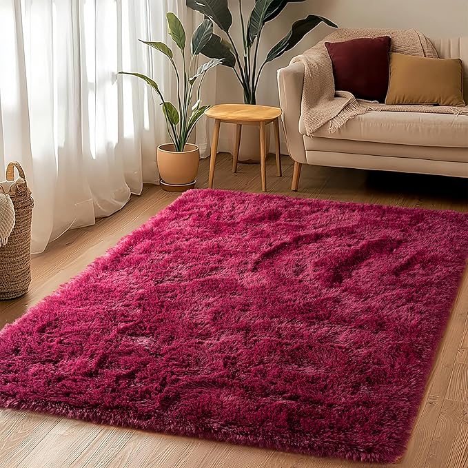 2x4 Rug - Non-Slip Runner for Living Room - Height Pile 1.4" Plush Rug - Throw Rugs Carpet for Bedroom - Burgundy