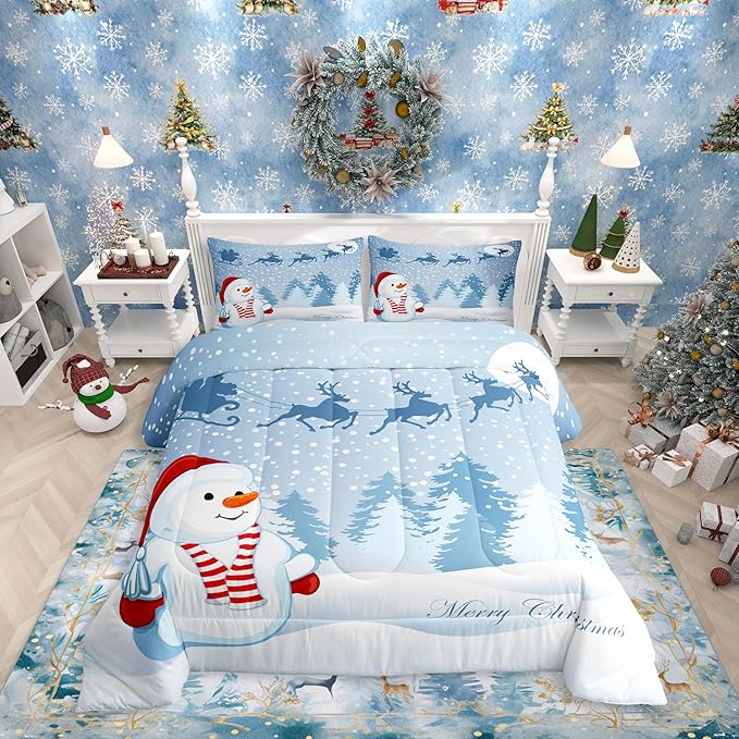 Manfei Snowman Comforter Set Twin Size, Xmas Deer Trees Print Quilt Set with 1 Pillowcase, Winter Snowflake Merry Christmas Bedding Set 2pcs for Kids Boys Girls Bedroom Decor