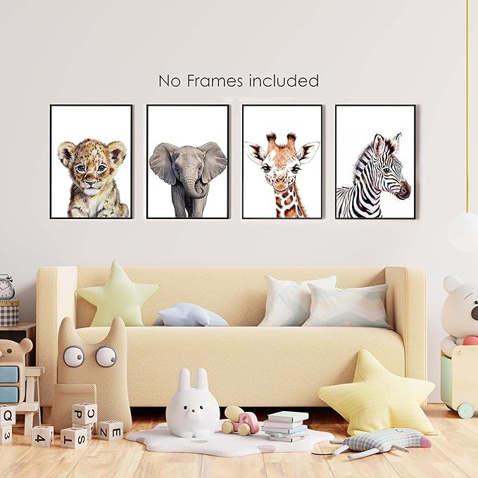 XZMBQ Safari Nursery Wall Decor Set of 4 - Baby Animal Wall Art Prints - Nursery Decorations - Cute Decor for Baby Room - Decor Gifts for Newborn, Housewarming, etc. (12”x16”, Unframed)(026)