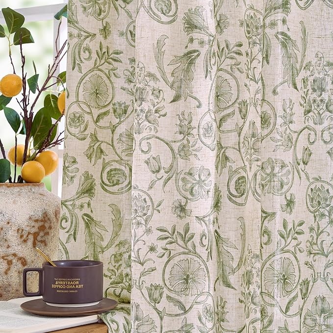 jinchan Linen Floral Curtains for Living Room with Printed Flower 96 Inches Long Light Filtering Farmhouse Window Treatment Vintage Drapes Back Tab Rod Pocket 2 Panels Green on Beige