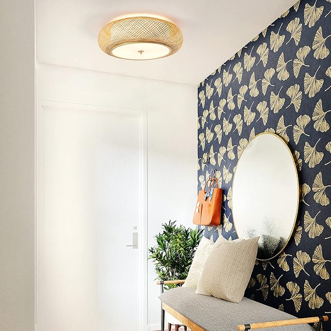 Bamboo Flush Mount Ceiling Light Handwoven Rattan Light Fixture, 3 Lights Boho Ceiling Lamp for Bedroom, Entryway, Foyer (15-inch)