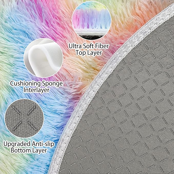 Rainbow Fluffy Round Rug 8Ft for Girls Bedroom, Colorful Soft Shaggy Circular Rug Plush Fluffy Circle Carpet Fuzzy for Nursery Baby Toddler Room Playroom Dorm Iving Room Home Decor