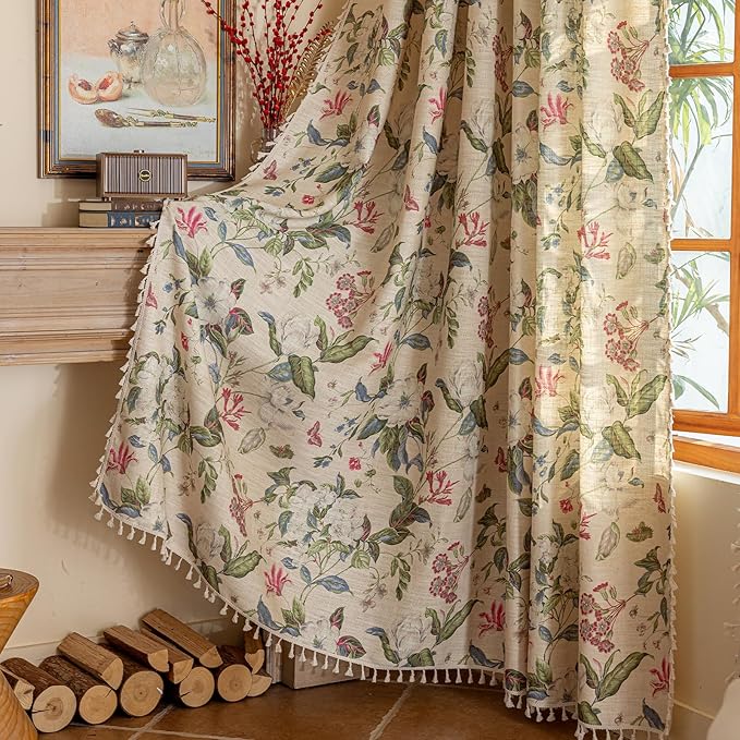 ENJOYBRIDAL Floral Curtains 96 Inches Long Living Room Boho Drapes Bedroom 2 Panels Semi Sheer Vintage Window Curtain Panels Rod Pocket Tassel Farmhouse Nursery Window Treatments