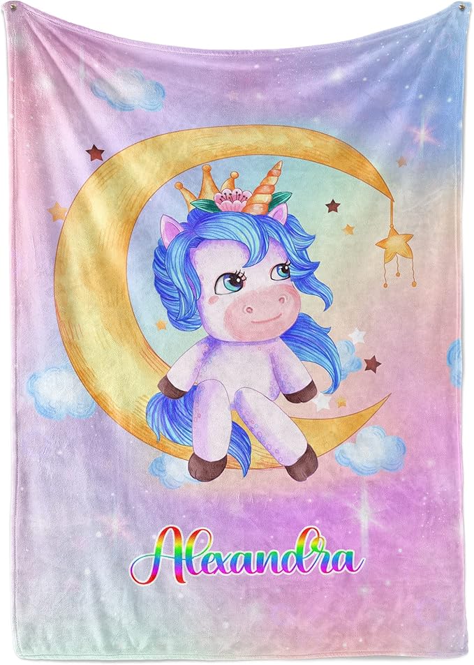 Personalized Unicorn Blanket for Girls | Kids Rainbow Unicorn | Custom Plush Fuzzy Unicorns for Toddler | Customized Little Girl Throw Blankets | Baby Girl Sofa Bed Birthday | Fleece 60x80