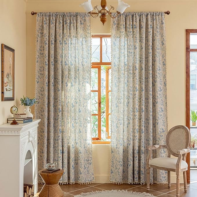 ENJOYBRIDAL Blue Floral Curtains 63 Inches Long 2 Panels Set Semi Sheer Living Room Drapes Boho Short Bedroom Farmhouse Window Curtain Panels Tassel Decorative Aesthetic Rod Pocket Window Treatments