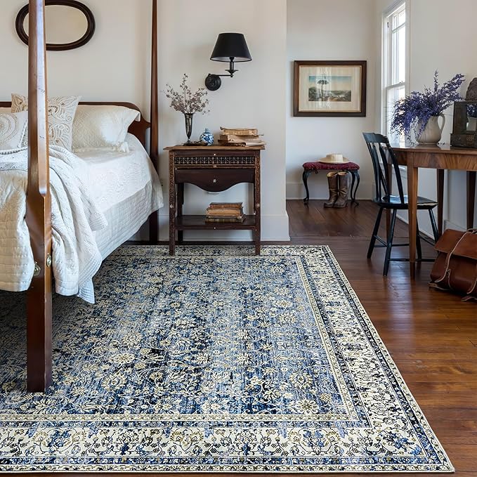 Blue Rug for Bedroom Neutral Boho Farmhouse Floral Washable Soft Faux Wool No Slip Area Rugs for Living Room Home Office,5x8
