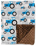 Top Tots Baby Blanket - Tractor with Brown Minky Dot, 38.5 x 29 Inch Blue & Grey