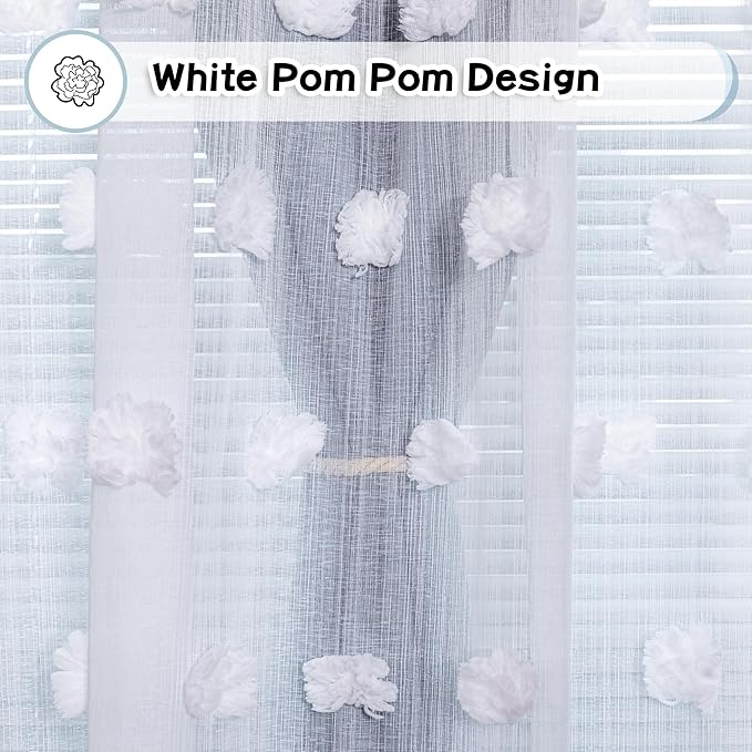 MYSKY HOME Room Darkening Curtains White Sheer Pom Pom Curtains for Living Room Dusty Blue Blackout Curtains for Sliding Door Decor Drapes 2 Layer Window Panels Boys Bedroom Grommet 2 Sets W52 X L95
