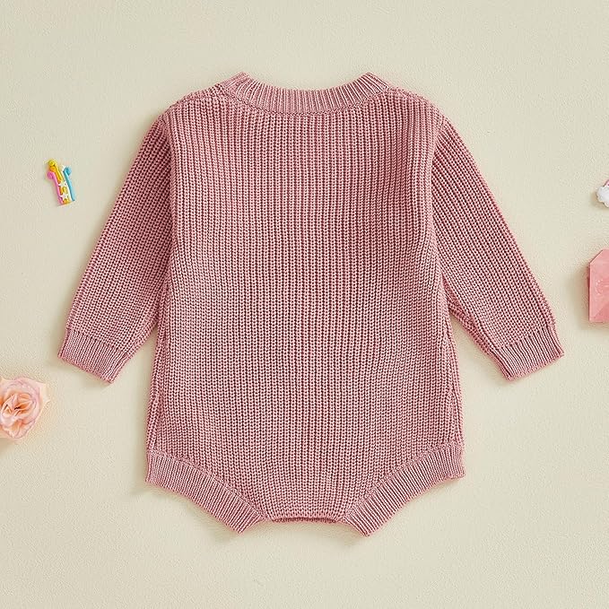 Lesimsam Newborn Baby Boy Girl Valentines Day Outfit Oversized Embroidery Long Sleeve Knit Sweater Bubble Romper Bodysuit