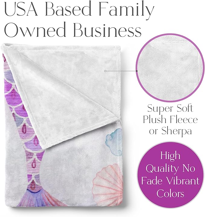 Personalized Blanket for Girls | Custom Mermaid Fleece Throw | Purple Kids Throw | Baby Girl Blanket for Room Décor | Girls Room | Kids Blanket | Mermaid Gifts (Sherpa – 50x60)