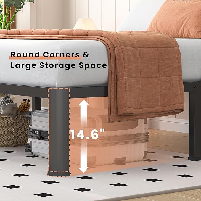 16 Inch Queen Heavy Duty 3500 lbs Bed Frame with Round-Corner Legs & Anti-Squeak Design – Quick Assembly Metal Platform, No Box Spring Needed