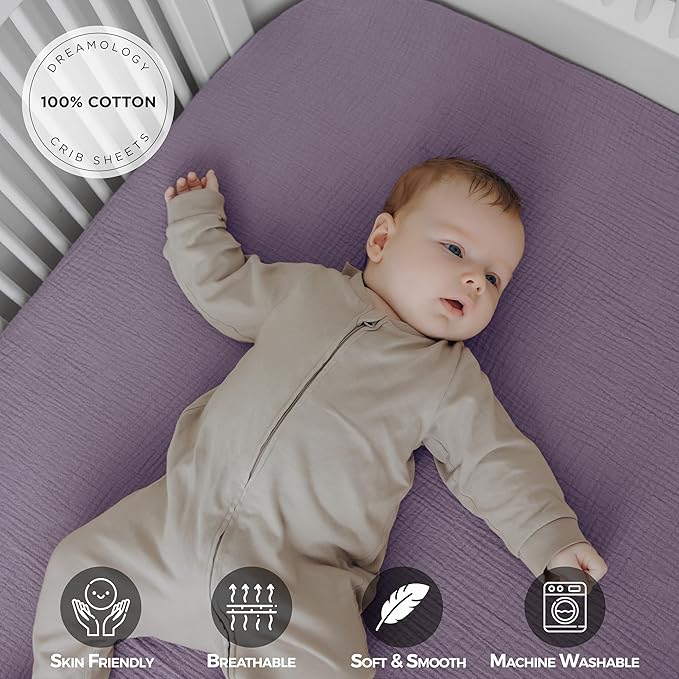Dreamology Muslin Crib Sheet, for Baby Girls,Boys,2 Pack, Soft, Standard Crib Sheet,100% Cotton Crib Sheets for Standard Cribs, Toddler Bed Sheets, 52x28 Crib Sheets | Purple,Pink