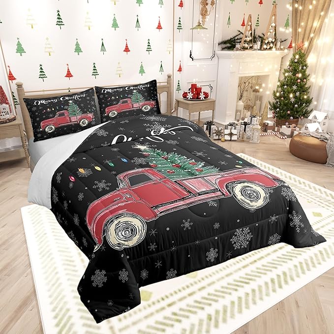 Castle Fairy Merry Christmas Theme Kids Comforter Set King,Xmas Tree Red Truck Snowflake Watercolor Graffiti Print Bedding Set for Teenager Bedrrom Decor,Farmhouse Vintage Rustic Quilt 3 Pcs
