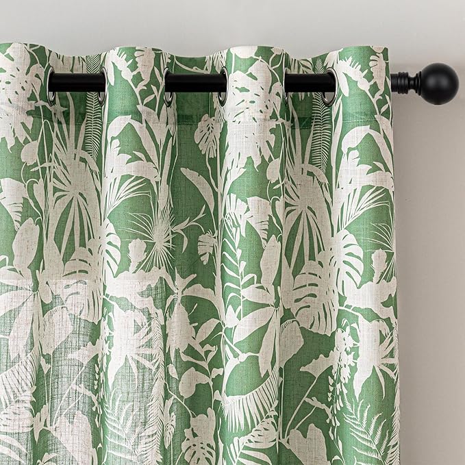 MYSKY HOME Linen Tropical Curtains 63 Inch Length Semi Sheer Curtains Pattern Decorative Window Treatment Drapes Privacy with Light Through for Kitchen/Nursery/Bathroom, 52" Wide, Green, 2 Panels