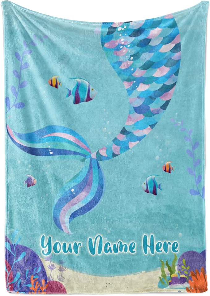 Personalized Mermaid Blanket for Girls | Kids Unicorn Gifts | Custom Plush Fuzzy Unicorns for Toddler | Customized Little Girl Throw Blankets | Baby Girl Sofa Bed Birthday (Sherpa – 50x60)