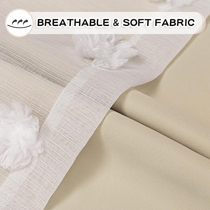 MYSKY HOME Beige Curtains for Living Room 95 Inches Long Nursery Curtains for Bedroom Double Layer Curtains White Pom Pom Sheer Curtains for Dining Room Grommet Room Darkening Window Panels W52 X L95