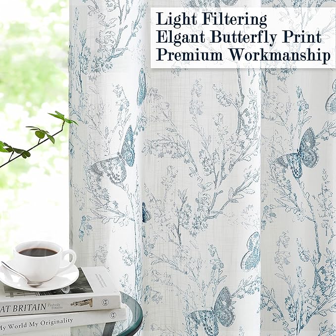 Jubilantex Butterfly Leaf Semi Sheer Curtains 95" L Curtain Panels for Kids Bedroom,Blue Print on White Light Filtering Window Drapes,Grommet Top