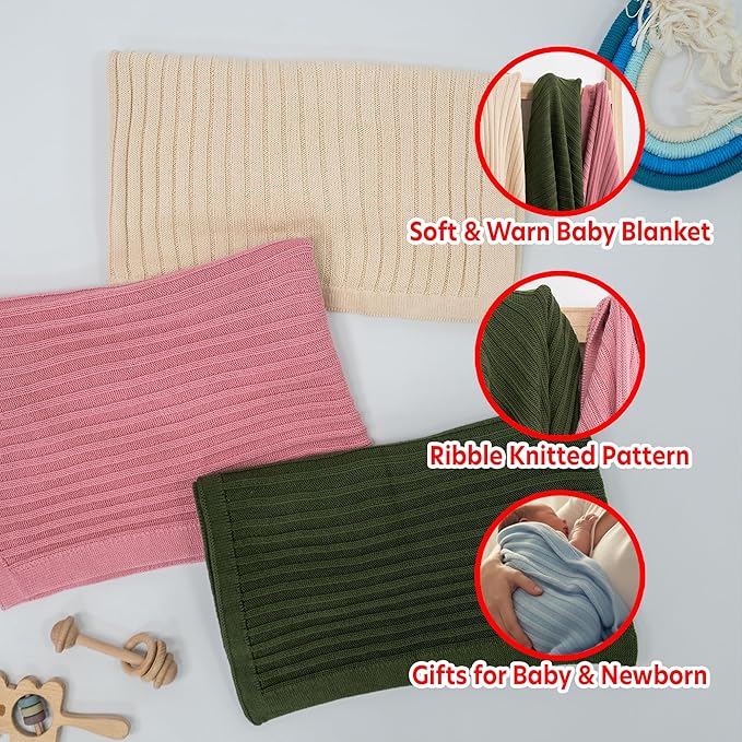 Baby Knit Blanket, 100% Cotton Ribble Patterns, Soft, Cozy, Lightweight Swaddle for Newborn & Infant Swaddling Beige Neutral, Perfect Baby Shower Ideas Baby Blue 30x40