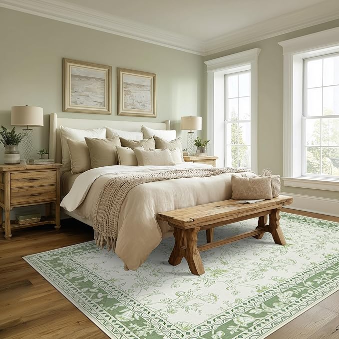Sage Green Area Rugs 10x12 for Living Room Boho Washable Extra Large Floral Floor Covering, Cream Beige Green Rugs Bedroom Dining Room, Non Slip Farmhouse Floor Carpet for Kids Playroom Nursery