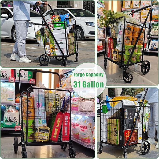 Heavy Duty Folding Shopping Cart with 360° Swivel Wheels, Waterproof Bag, Jumbo Utility Carts for Grocery, Laundry, Holds Up to 440 LBS, 37.5 Gallon