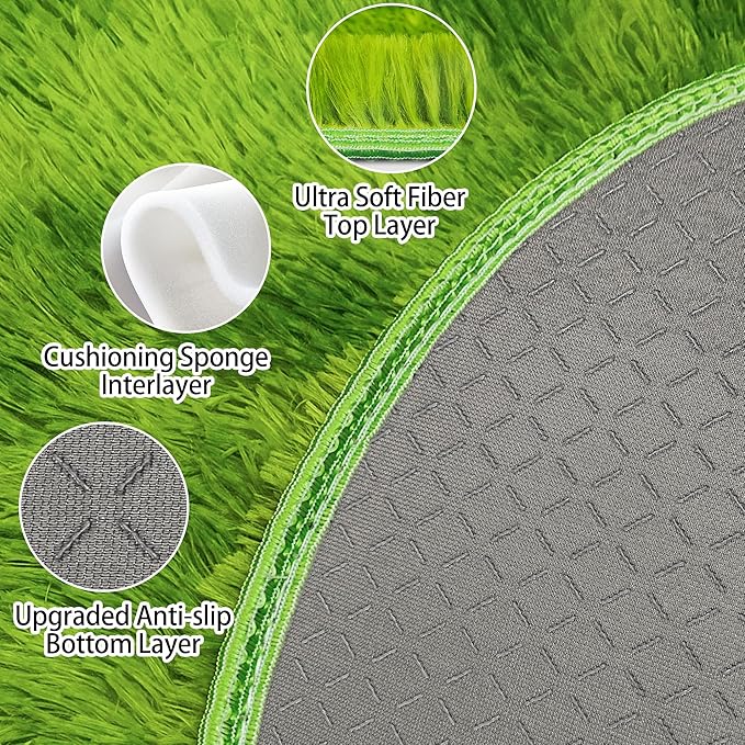 7 ft Large Fluffy Round Green Grass Area Rugs for Bedroom,Soft Shaggy Circular Rug Plush Fluffy Circle Carpet Fuzzy for Living Room Nursery Baby Toddler Room Playroom Dorm Home Decor Aesthetic